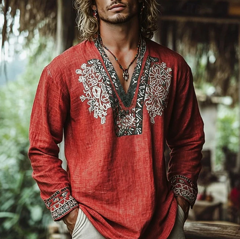 Relaxed fit men's resort shirt with intricate embroidery, short sleeves. A stylish choice for summer casual wear.