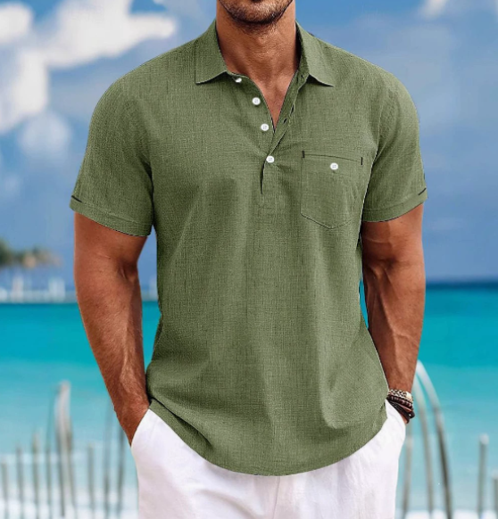 Stylish men's collared short sleeve button-up shirt for casual outings & everyday summer fashion.