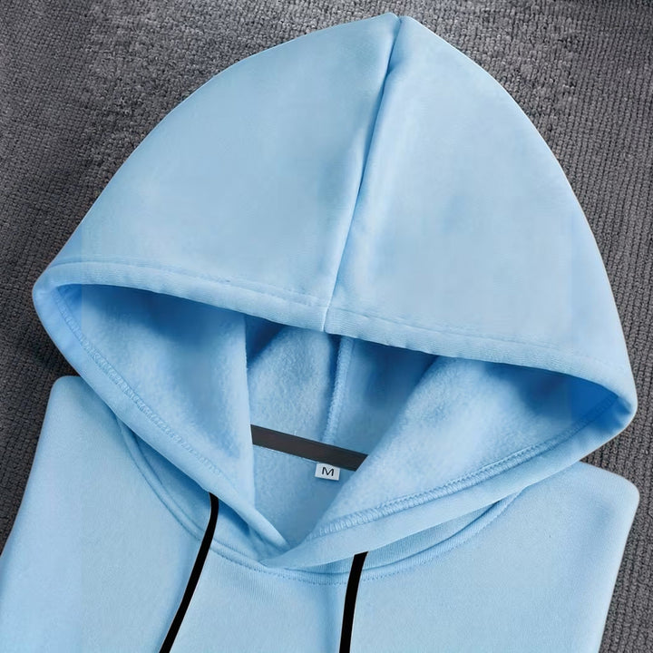 Back view of men's black hooded top, ideal for everyday comfort and layering.