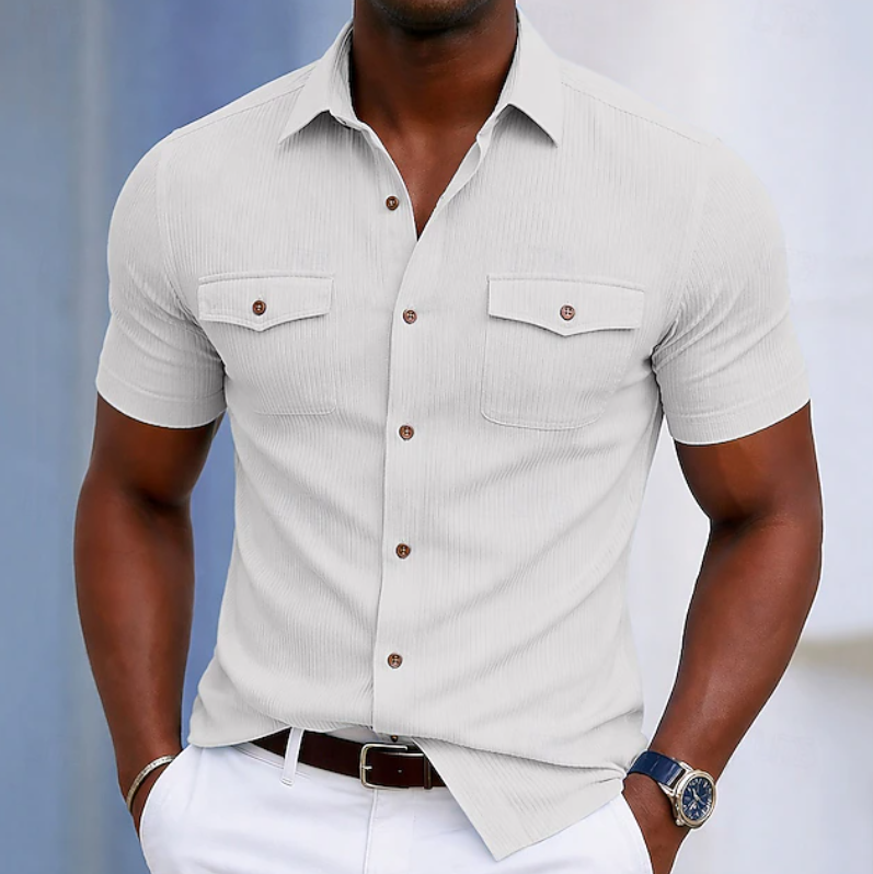 Stylish men's modern fit short sleeve button-up shirt. Perfect for smart casual outfits and everyday comfort.