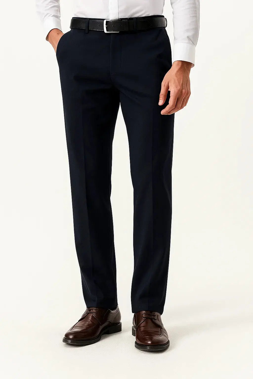 Versatile navy blue men's ExecFlex trousers, ideal for smart casual or professional looks, with all-day comfort.