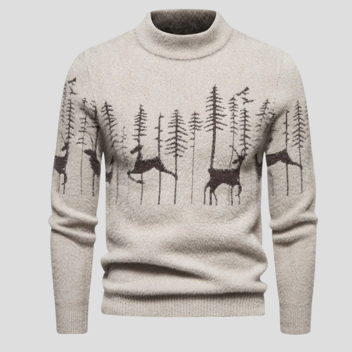 Men's festive beige & black Christmas sweater, a joyful crew neck knit for holiday parties & winter fashion.