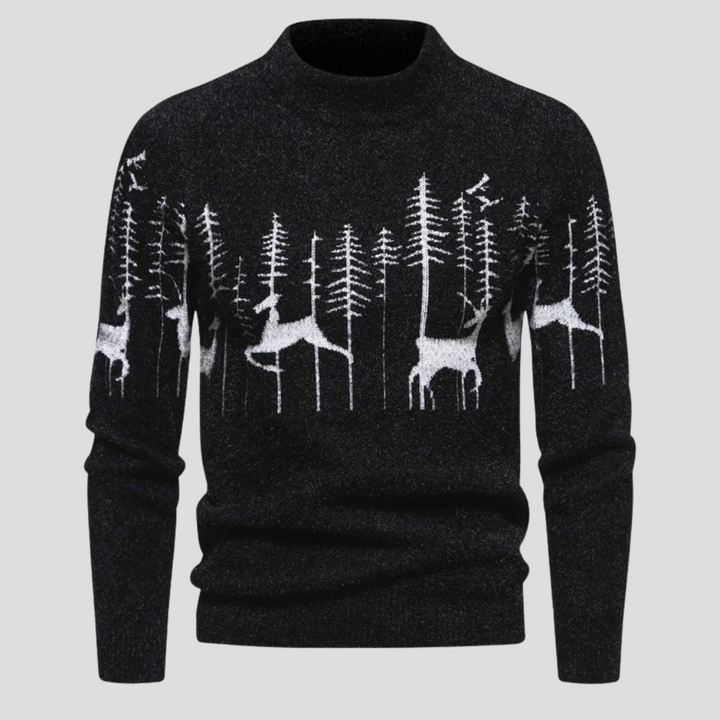 Cozy men's Christmas sweater. Festive beige & black crew neck knit, ideal for holiday gatherings & winter casual wear.