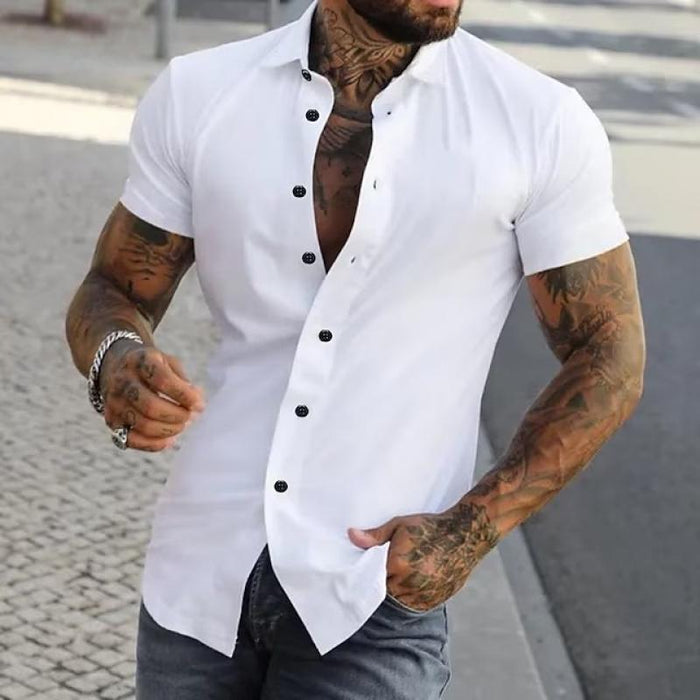 Men's fitted short sleeve shirt with modern cut, ideal for casual summer style.