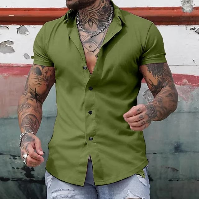 Men's fashion short sleeve shirt with a modern fitted silhouette, perfect for warm weather style.