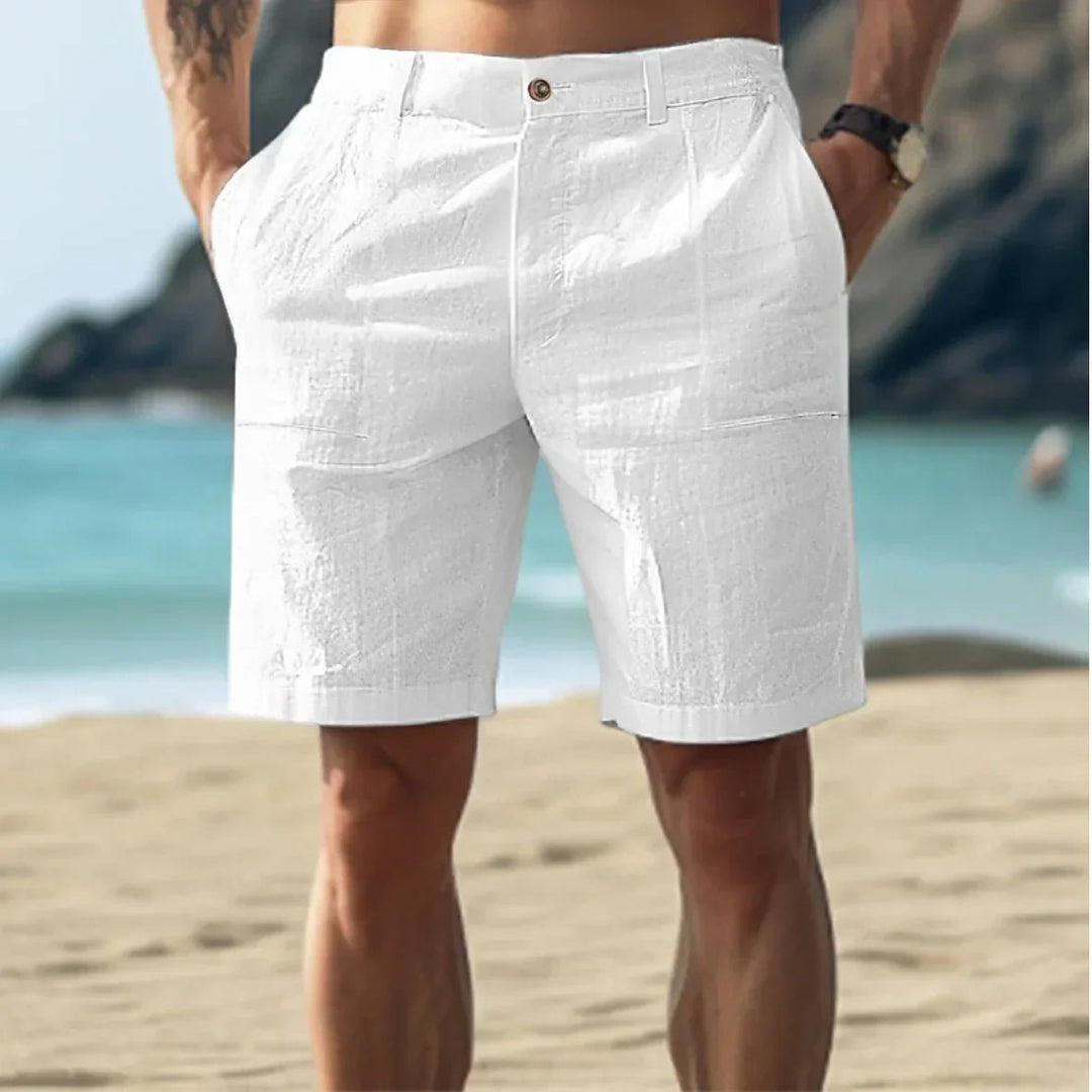 Men's flat front linen shorts in mid-length, perfect for casual summer wear and warm weather style.