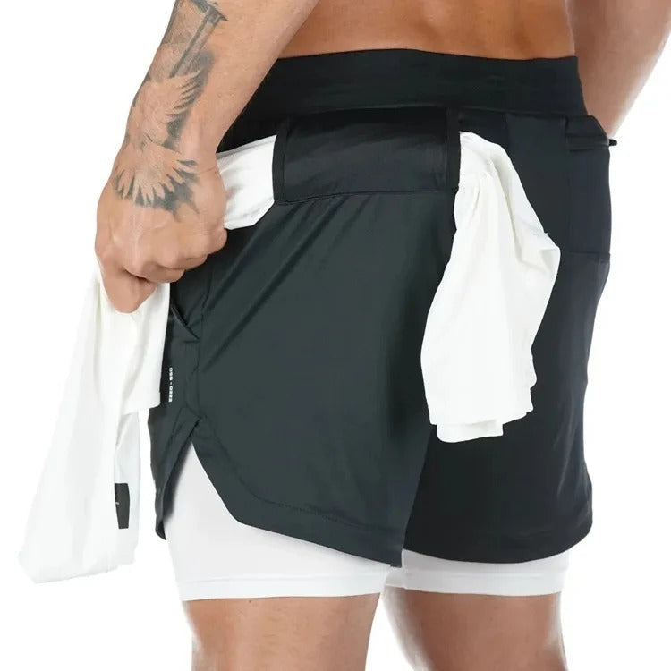 Close-up of Men's FlexStride Performance Running Shorts fabric and waistband detail.