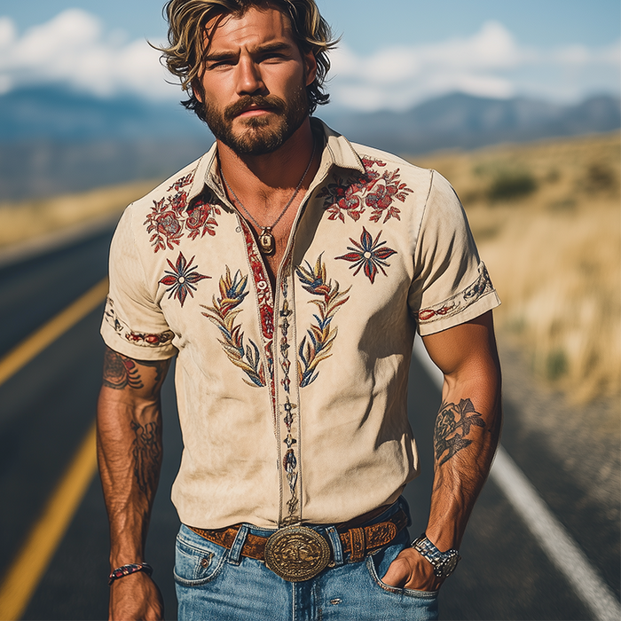 Unique men's Western-style short sleeve shirt with intricate floral embroidery, perfect for casual fashion.