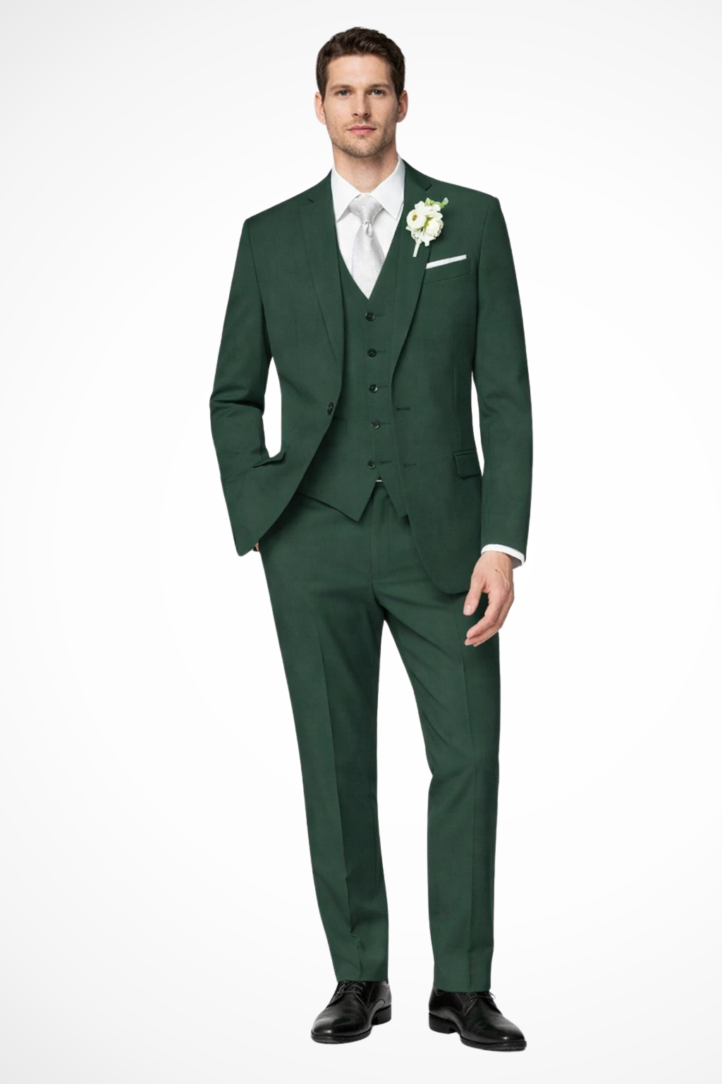 Tailored men's 3-piece suit with single-breasted jacket & waistcoat. Ideal for wedding guests & events.