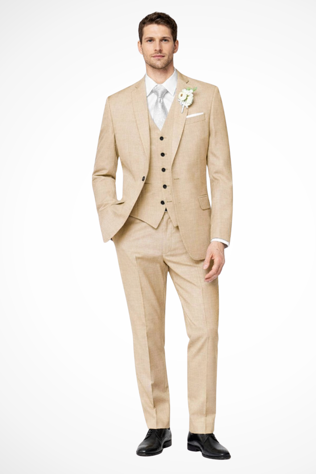 Sophisticated men's formal 3-piece suit. Single-breasted for elegant wedding guest or business attire.