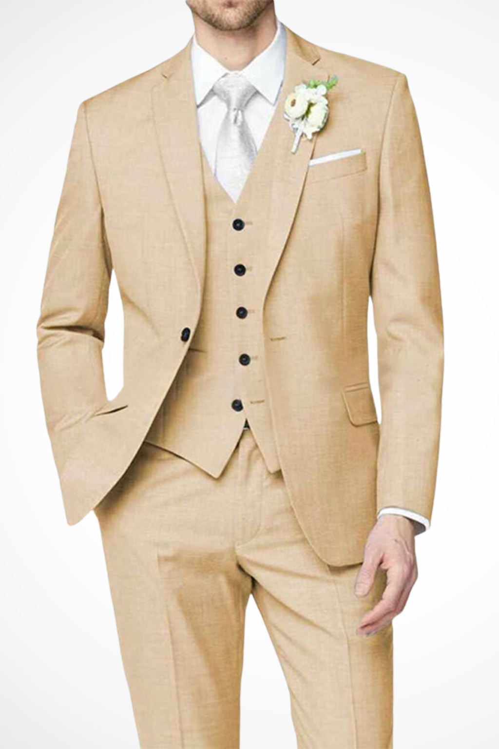 Premium men's single-breasted 3-piece wedding suit. Showcases a sleek, tailored fit for formal events.