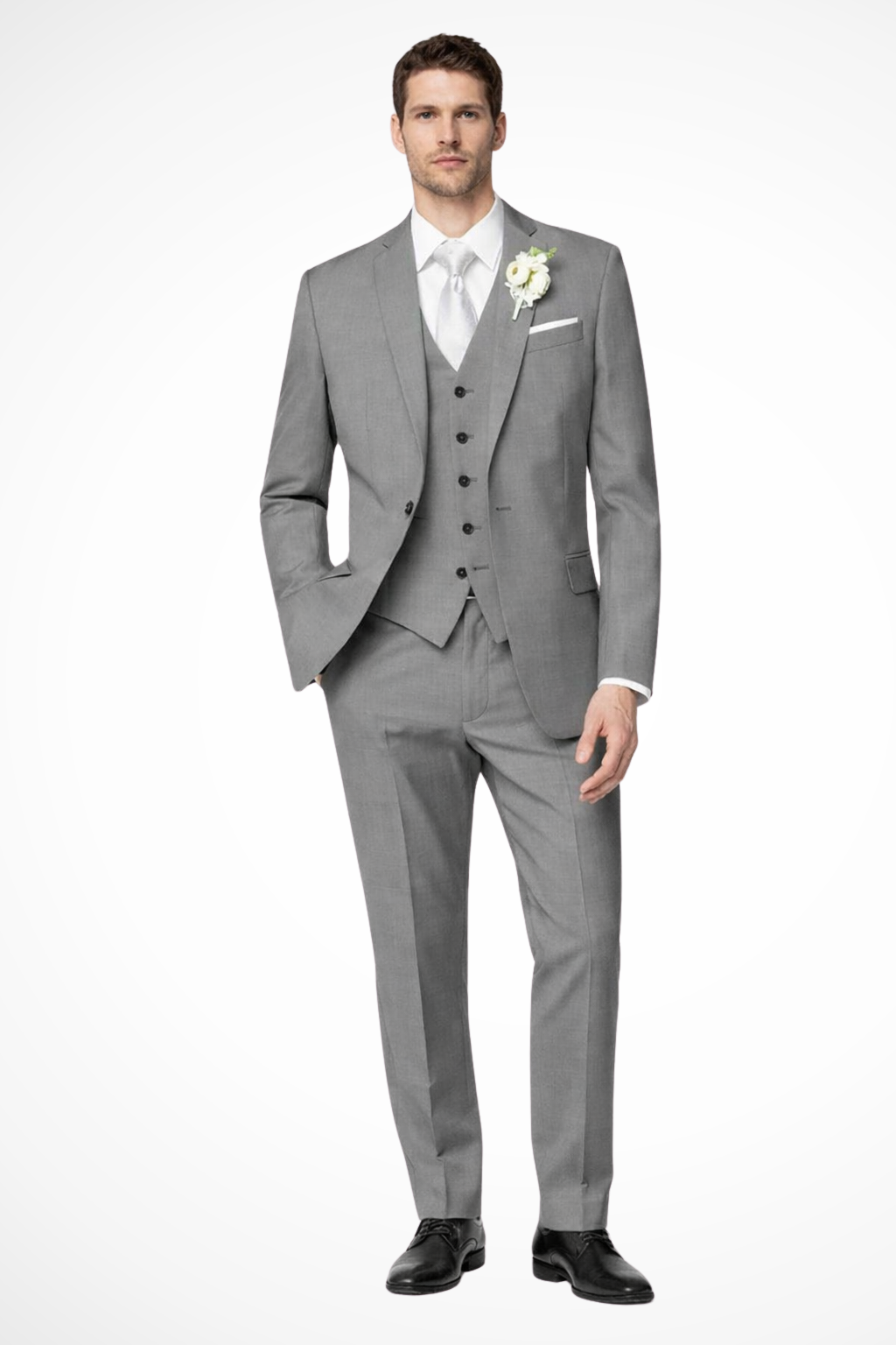 Men's single-breasted 3-piece suit, featuring a stylish waistcoat. Perfect formal attire for events.
