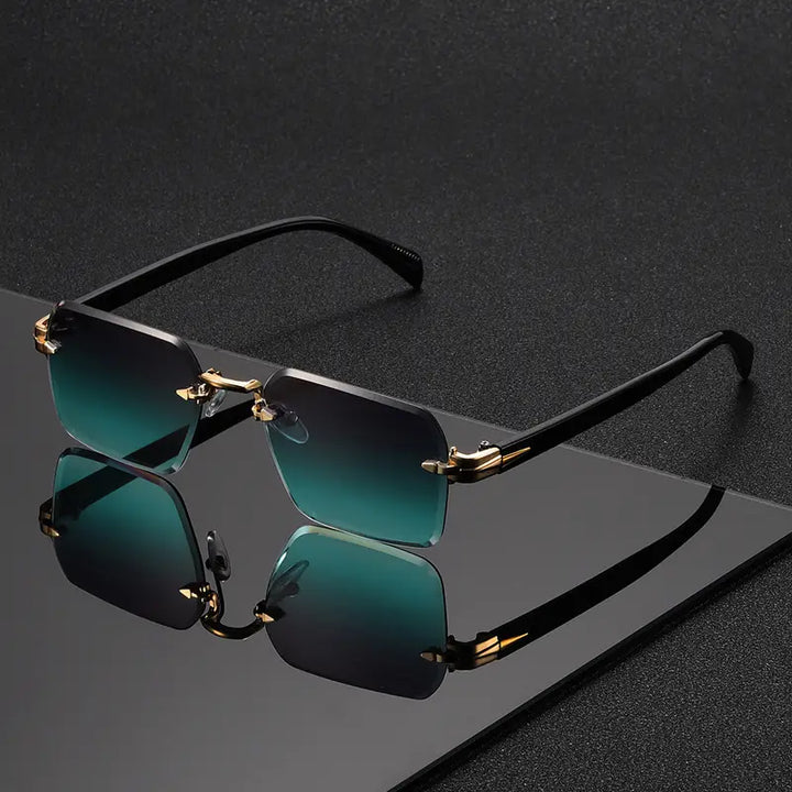 Men's frameless square sunglasses, trendy street style eyewear for fashion-forward looks & UV protection.