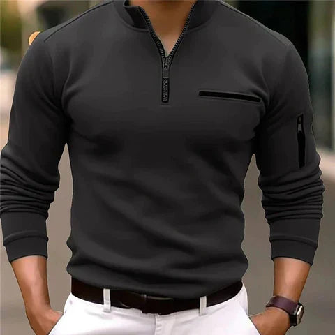 Stylish men's long sleeve zip front sweater, perfect for casual wear and versatility.