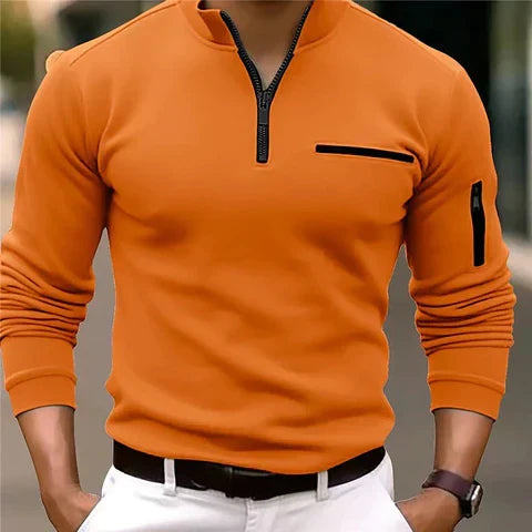Comfortable men's full zip sweater with practical pockets for everyday style.
