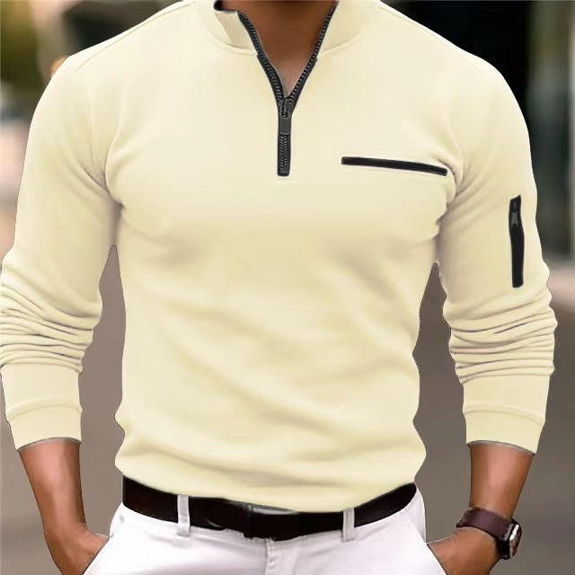 Modern men's full zip sweater with pockets, a comfortable and stylish everyday layer.