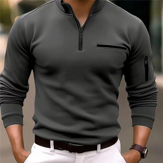 Fashionable men's long sleeve zip sweater, great for layering and everyday comfort.