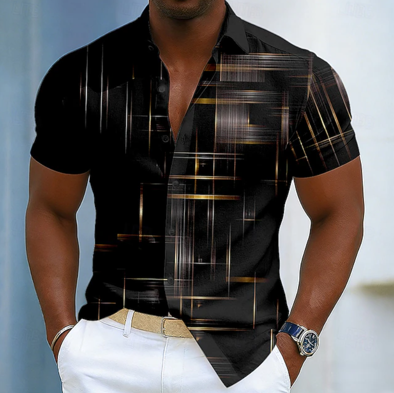 Men's geometric short sleeve button-up shirt for casual summer fashion.