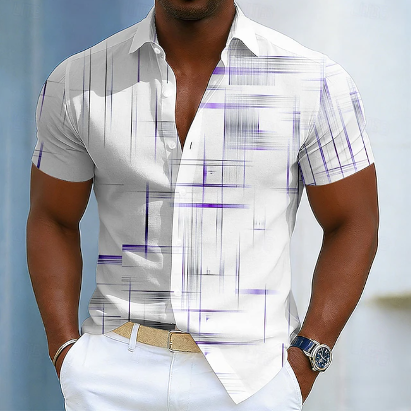 Casual men's geometric short sleeve shirt, button-up design for a cool, comfortable summer look.