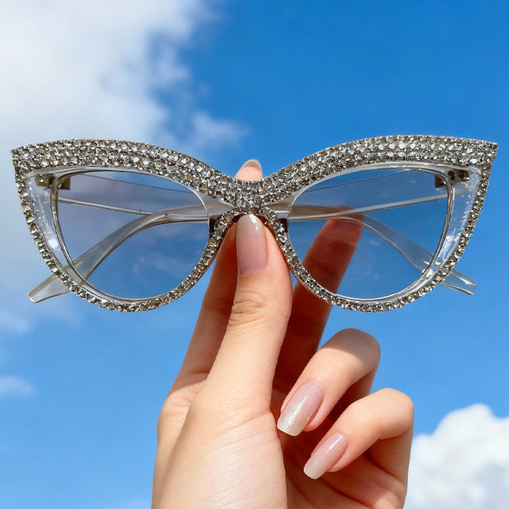 Men's glamorous rhinestone cat-eye sunglasses; vintage style statement eyewear, perfect fashion accessory.