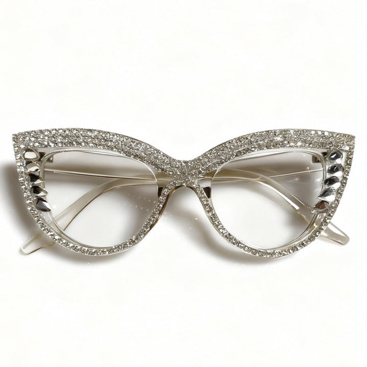 Front view: Men's vintage style cat-eye sunglasses, adorned with sparkling rhinestones for a statement look.