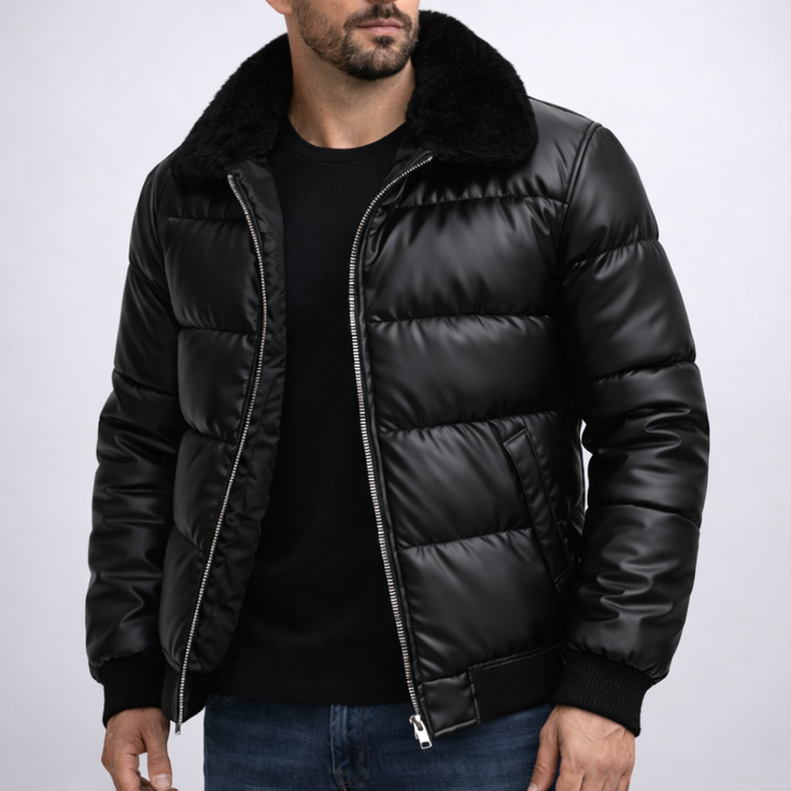 Men's glossy black puffer jacket with a warm fur collar, ideal for stylish winter outerwear & cold weather.
