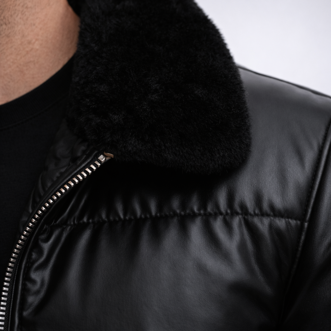 Insulated men's glossy black puffer jacket with a luxurious fur collar, perfect for cold weather urban fashion.
