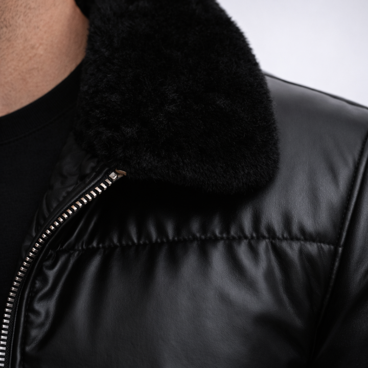 Insulated men's glossy black puffer jacket with a luxurious fur collar, perfect for cold weather urban fashion.