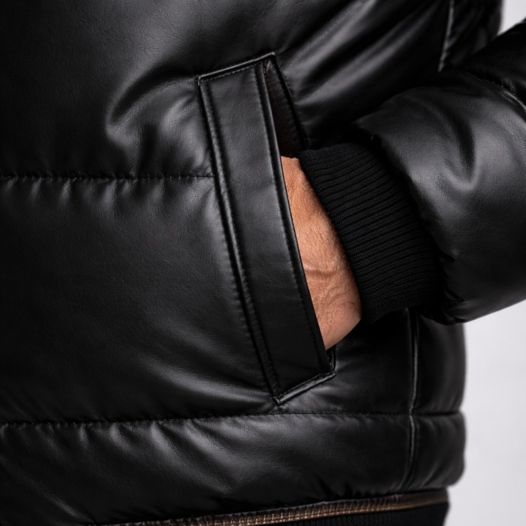 Stylish men's glossy black puffer jacket featuring a plush fur collar, a sleek and warm winter outerwear option.