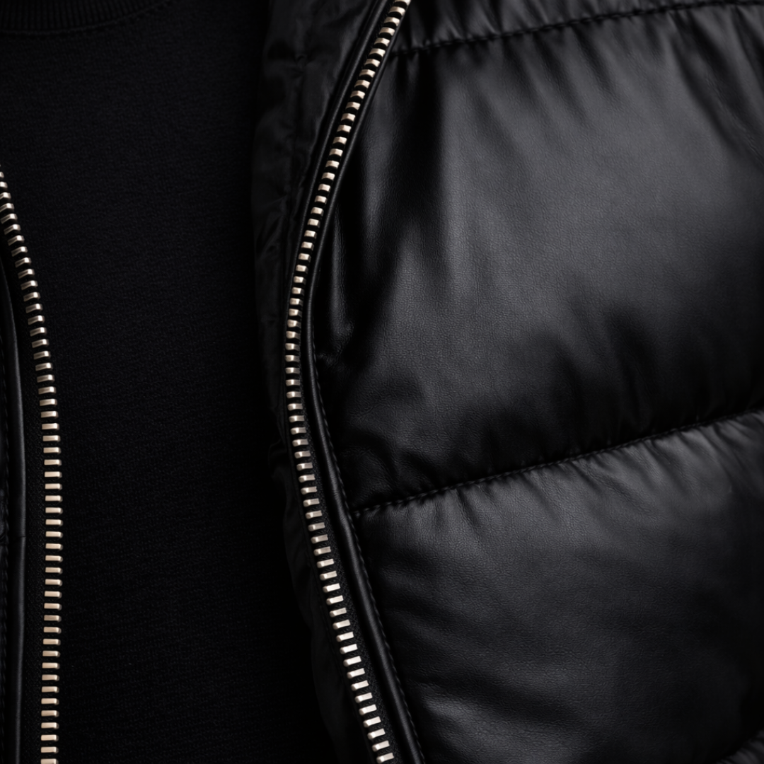 Glossy black men's puffer jacket with a soft fur collar, offering warmth & style for cold winter days.