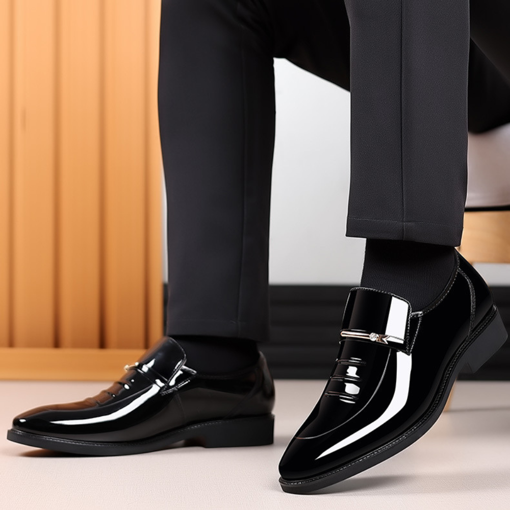 Elegant men's glossy leather slip-on dress shoes for sophisticated formal attire.