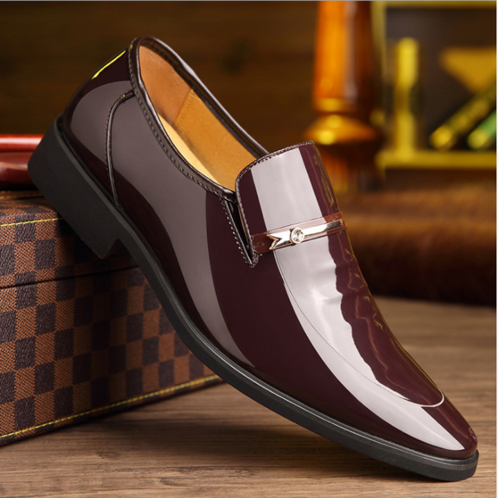 Men's formal black glossy slip-on dress shoes, excellent for weddings & business meetings.