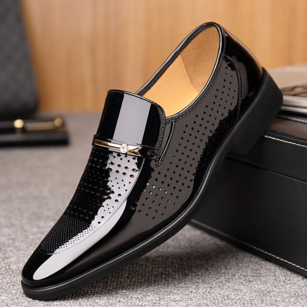 Men's glossy brown slip-on dress shoes, perfect for business and special formal events.