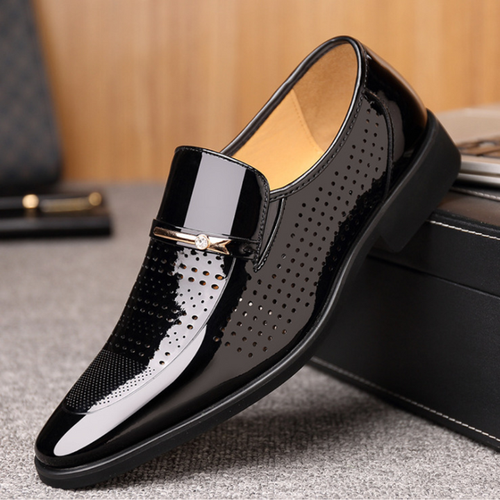 Men's glossy brown slip-on dress shoes, perfect for business and special formal events.