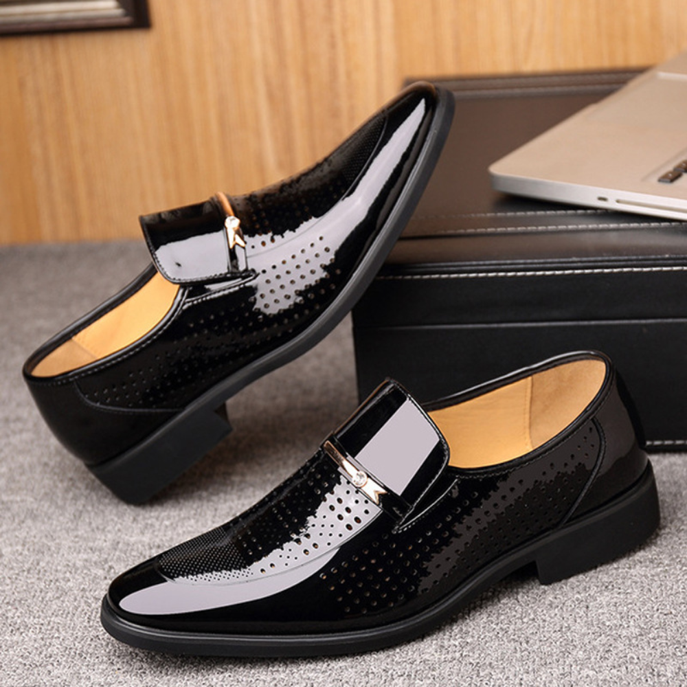 Men's glossy slip-on loafers, sophisticated formal footwear for business and elegant events.