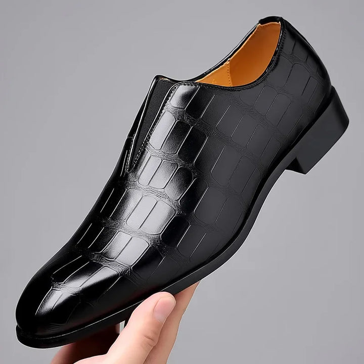 Men's shiny croc pattern slip-on brogues, sophisticated footwear for formal occasions.