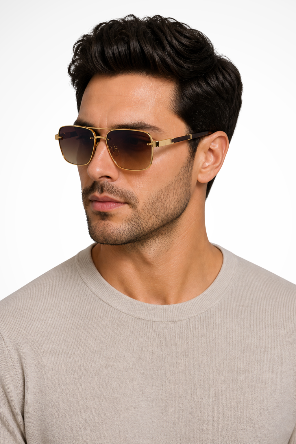 Men's gold frame aviator square sunglasses with gradient lenses. Stylish UV protection eyewear.