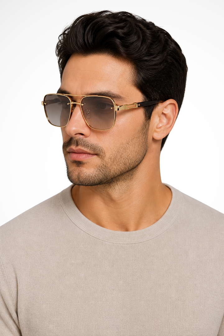 Stylish men's aviator square gold frame sunglasses. Features gradient lenses and full UV protection.