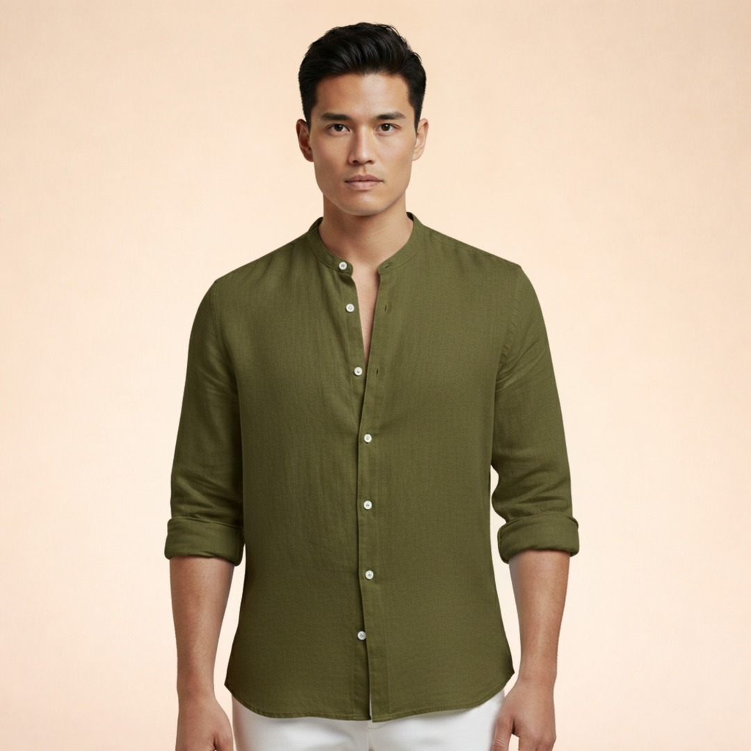 Modern men's tailored casual shirt. Grand collar design, a stylish button-down for everyday fashion.