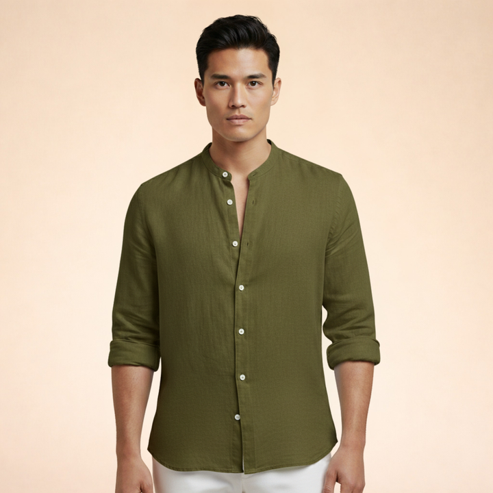 Modern men's tailored casual shirt. Grand collar design, a stylish button-down for everyday fashion.