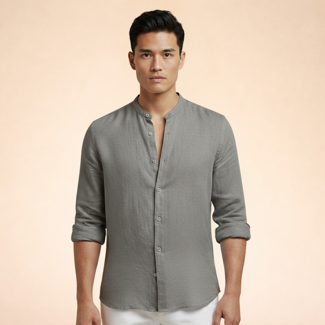 Men's grand collar tailored button-down shirt. Smart casual, fashion-forward, and perfect for summer.