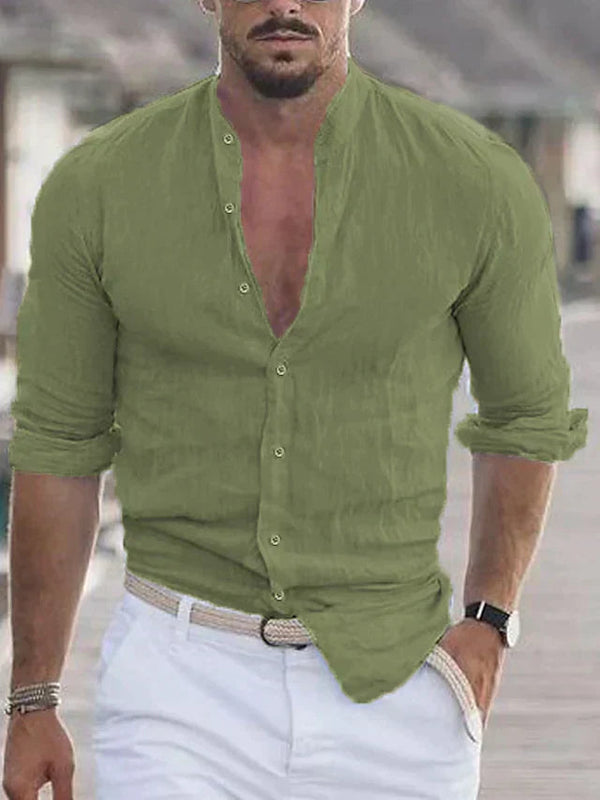 Tailored men's casual shirt featuring a unique grand collar. Perfect for modern smart-casual looks.