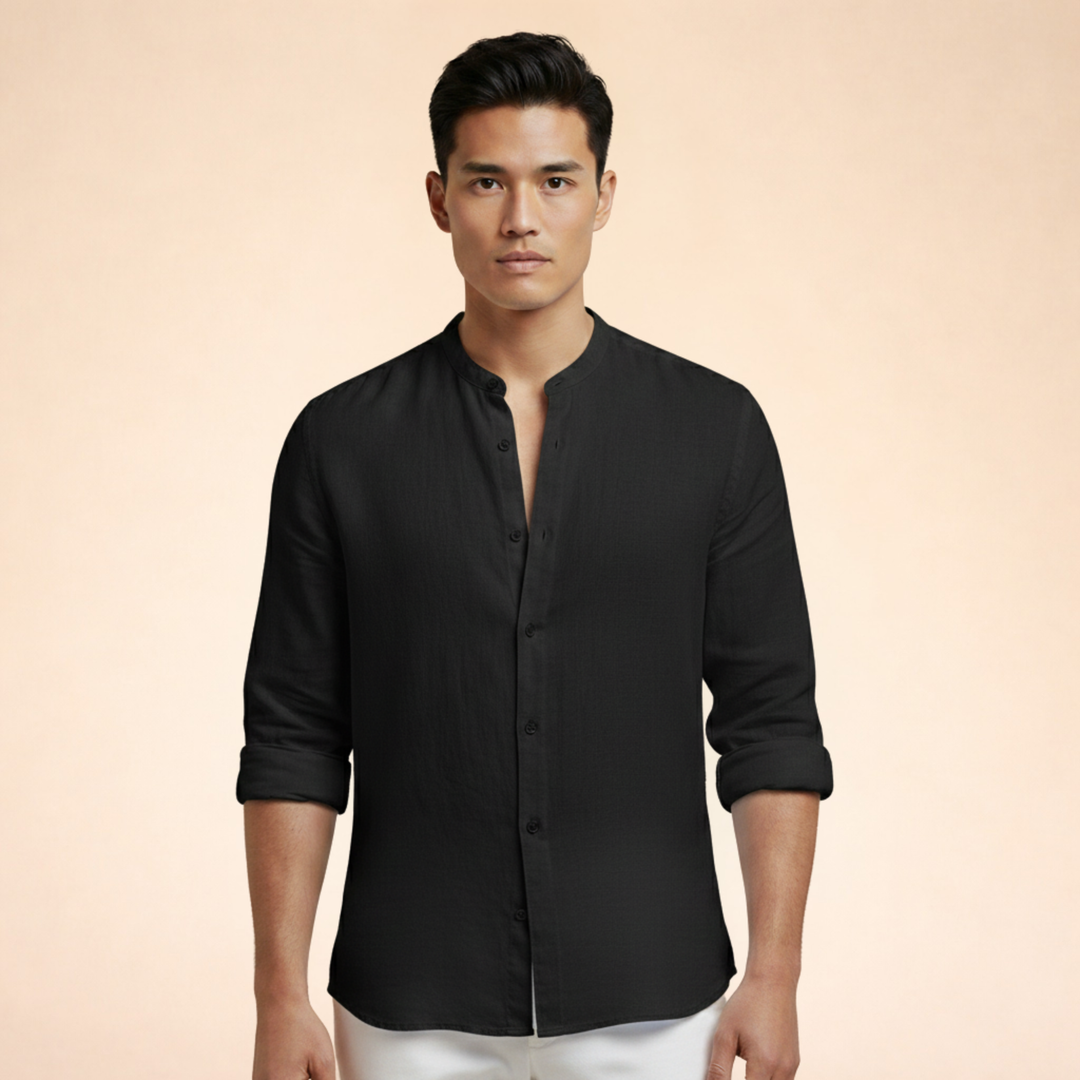 Men's fashion grand collar tailored shirt. A smart casual versatile top for summer wear.