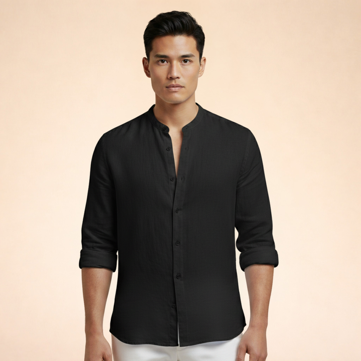 Men's fashion grand collar tailored shirt. A smart casual versatile top for summer wear.