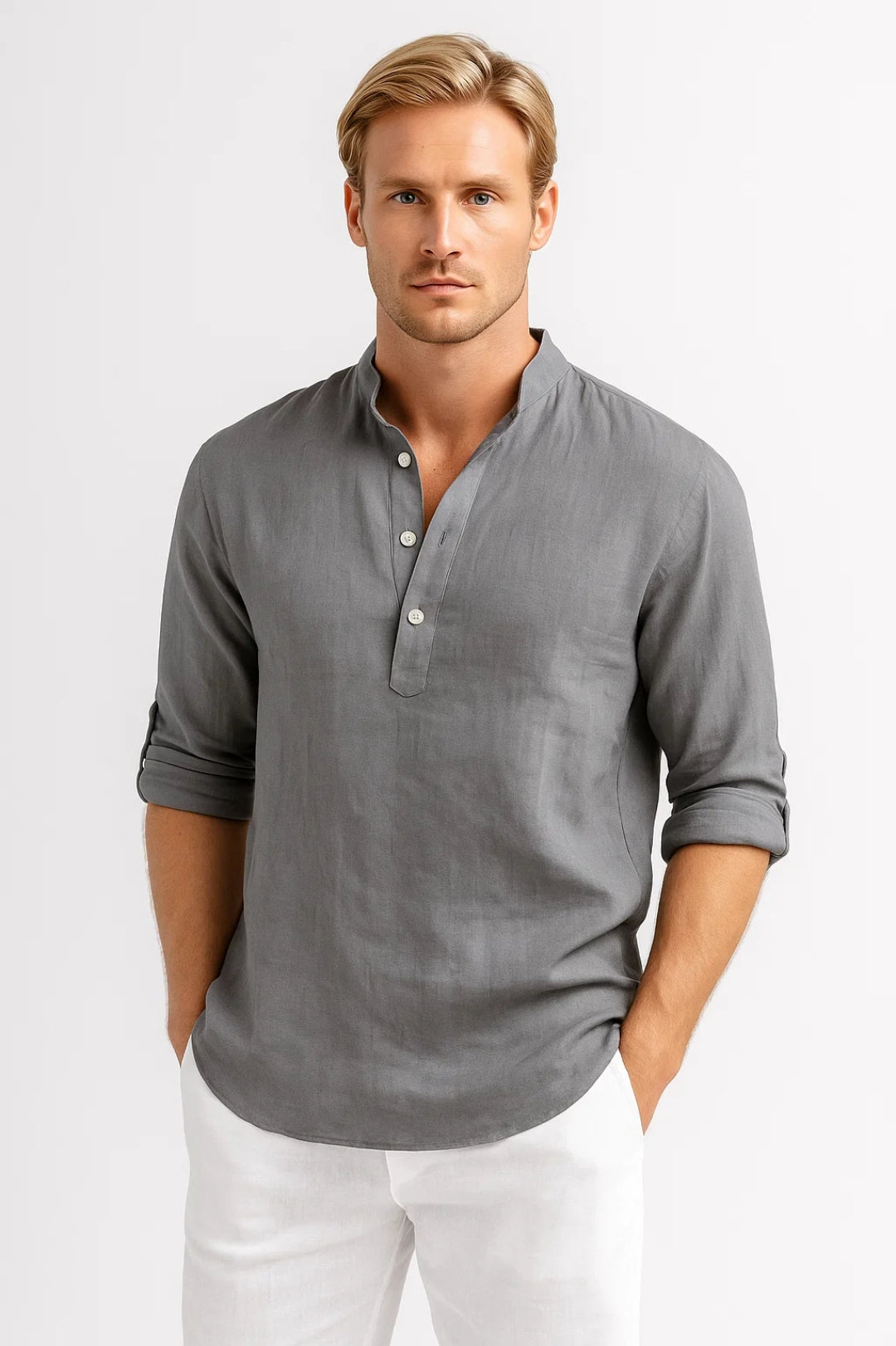 Men's Grandad collar half-button summer top. Relaxed fit short sleeve shirt for casual warm weather & resort wear.