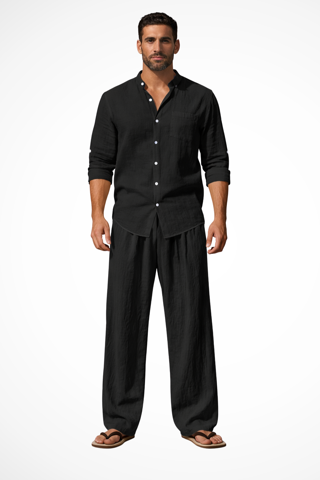 Men's Grandad Collar Shirt & Straight Leg Trousers set in a casual, relaxed fit, perfect for summer.