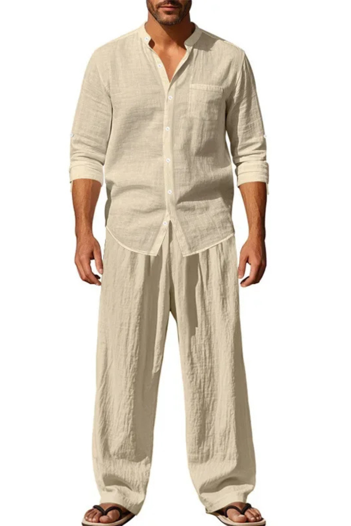 Lightweight men's two-piece set: Grandad Collar Shirt and Straight Leg Trousers, great for warm weather.