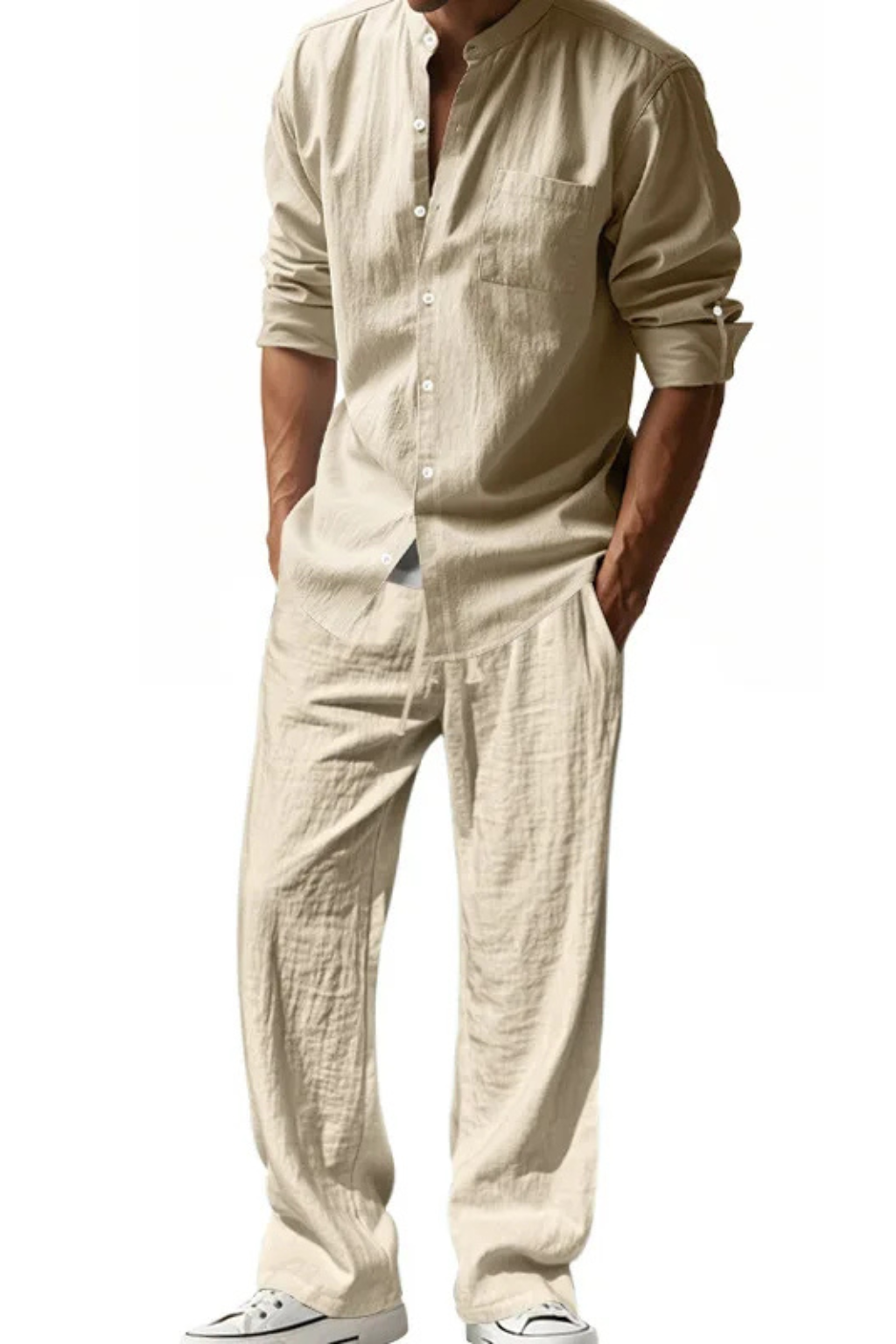 Modern men's fashion: Grandad Collar Shirt & Straight Leg Trousers set, a stylish matching outfit.
