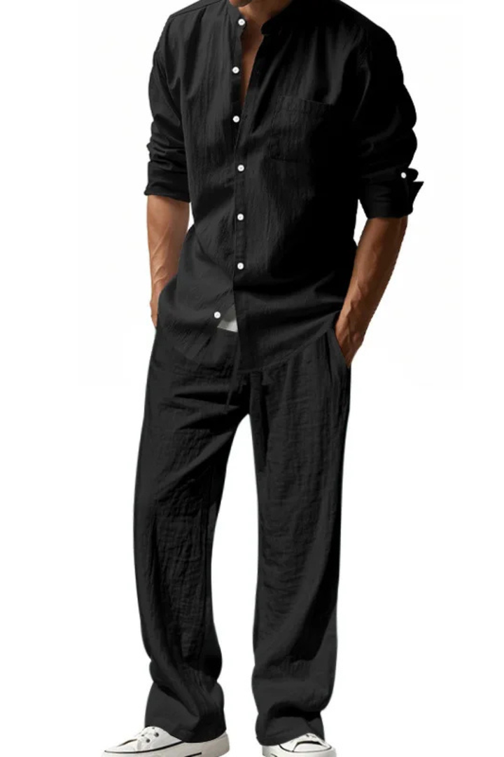 Front view of a versatile men's grandad collar shirt and straight leg trousers set for spring fashion.
