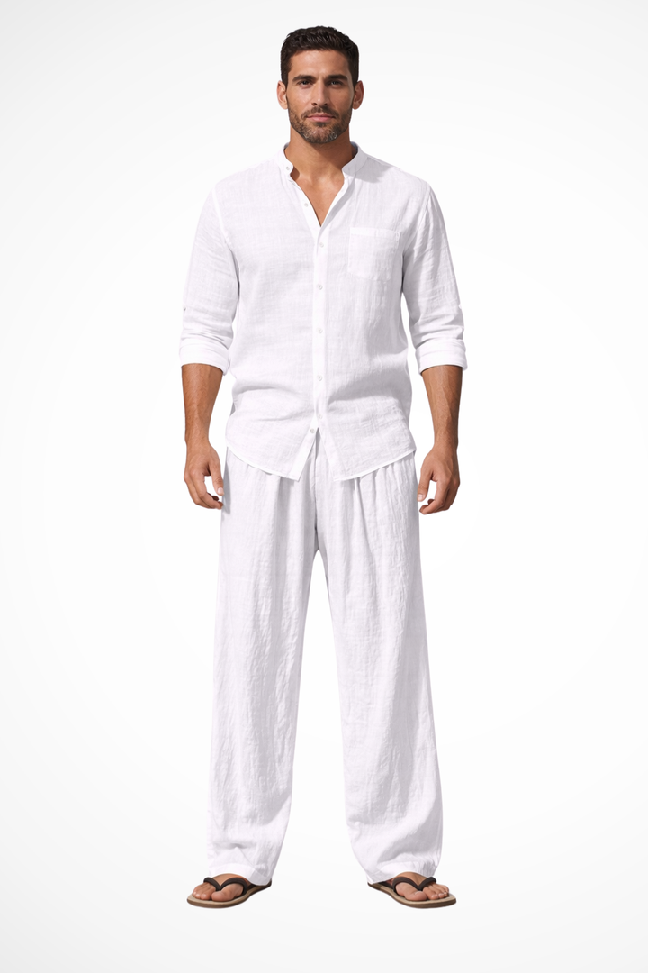 Relaxed fit men's casual wear set: Grandad collar shirt and straight leg trousers, ideal for comfort.